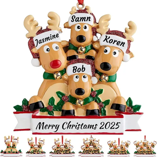 Miniatura 13 de Adorno personalizado de ciervo para árbol de Navidad, familia de 2,3,4,5,6,7,8 nombres, lindo reno de Papá Noel, decoración de Navidad 2025, regalo