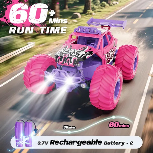 Miniatura 4 de Auto a control remoto, autos RC todo terreno con interruptor de velocidad, camión RC con faros LED y baterías recargables, juguete Monster Truck