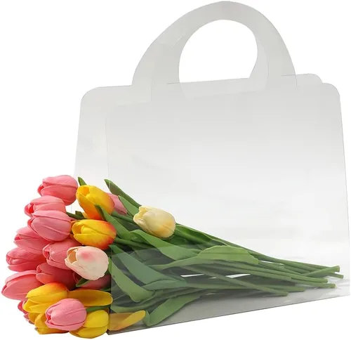 Miniatura 4 de Bolsas de flores transparentes con asas para ramos de floristería, suministros de embalaje, 10 unidades, día de San Valentín, 13.7 x 9.8 x 4.7