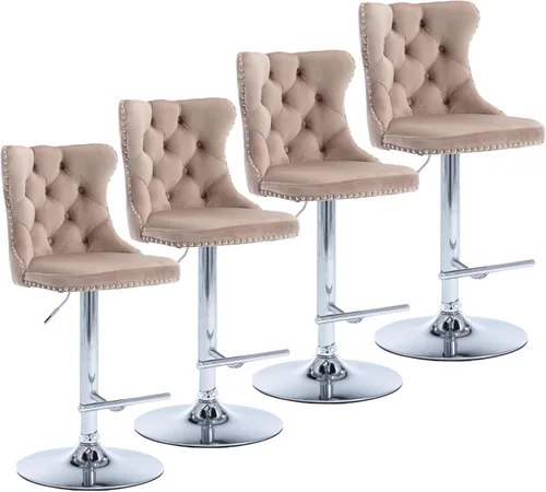 Miniatura 17 de Aoowow Juego de 2 taburetes de bar giratorios ajustables con respaldo de terciopelo copetudo, sillas de bar modernas tapizadas con cabeza de clavo