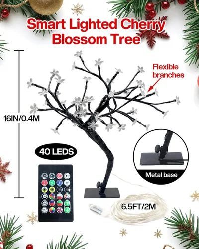Miniatura 5 de Lámpara LED inteligente RGB con diseño de árbol de cerezo, bonsái iluminado por USB de 16 pulgadas para escritorio, temporizador de sincronización