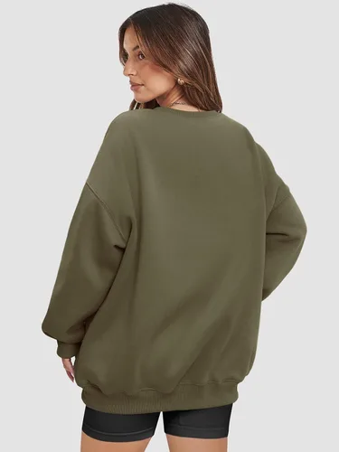 Miniatura 4 de ATHMILE Sudadera de gran tamaño para mujer, cuello redondo, forro polar, manga larga, sudaderas con capucha, tops de otoño, ropa de moda 2023
