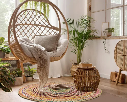 Miniatura 10 de COTTON CRAFT Alfombra de Trapo Chindi Trenzada de Yute y Algodón - Boho Granja Rústica - Tejida a Mano Reversible de Yute Natural y Algodón