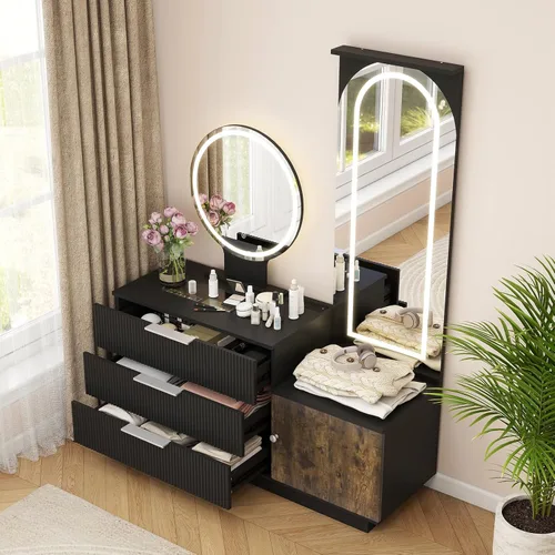 Miniatura 5 de ARTETHYS Escritorio de tocador con espejo y luces, tocador de maquillaje negro con estación de carga y espejo de longitud completa con parte