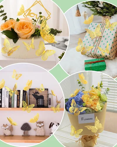 Miniatura 4 de 72 piezas de decoración de pared de mariposas 3D en oro, decoraciones de mariposas doradas para el Día del Padre, 4 estilos 3 tamaños, mariposas