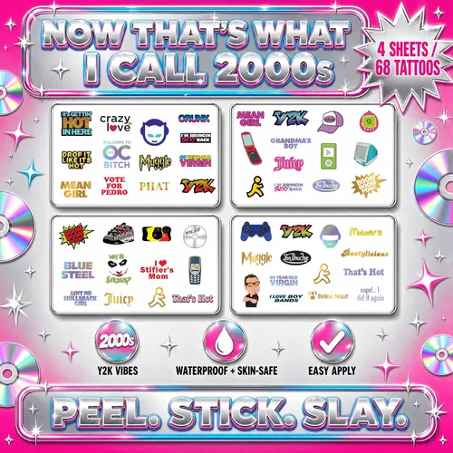 Miniatura 3 de Throwback 2000s Y2K Tatuajes temporales - 4 hojas - Divertidos recuerdos de fiesta de los años 2000, decoraciones y suministros