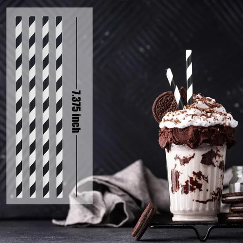 Miniatura 2 de ALINK - 100 pajitas de papel rayadas en blanco y negro, pajitas desechables biodegradables para Halloween, Navidad, cumpleaños, Año Nuevo