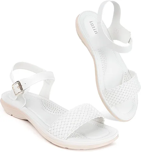 Miniatura 6 de Intini Sandalias planas de gladiador con correa de tobillo para mujer, Blanco-2