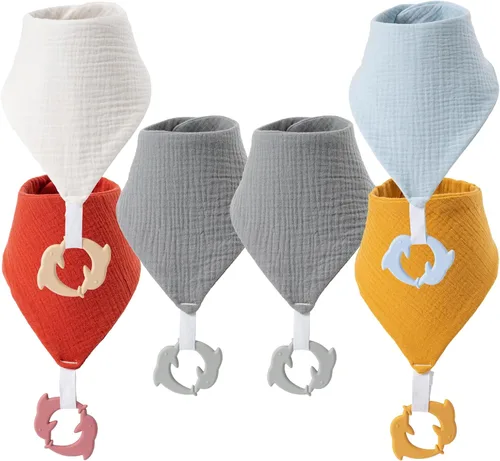 Miniatura 10 de Baberos de dentición para bebé, paquete de 6 con mordedor acoplable, 100% algodón orgánico, baberos súper absorbentes y suaves
