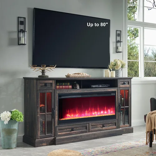 Miniatura 10 de RedLemon Soporte de TV con chimenea de granja para TV de 80 pulgadas, centro de entretenimiento de 36 pulgadas de alto con chimenea eléctrica