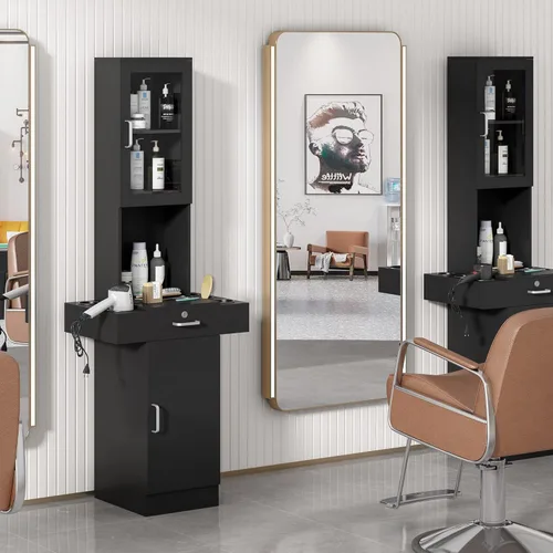 RESHABLE Estación de salón para estilista de cabello, equipo organizador de peinado con puerta de vidrio, 6 soportes para secadores de pelo, 2