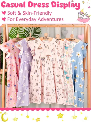 Miniatura 3 de Vestido casual para niñas, de algodón suave, manga corta, transpirable, acampanado, para adolescentes, talla 2T, 3T, 4T, 5, 6, 7, 8, 9, 10, 12, 13