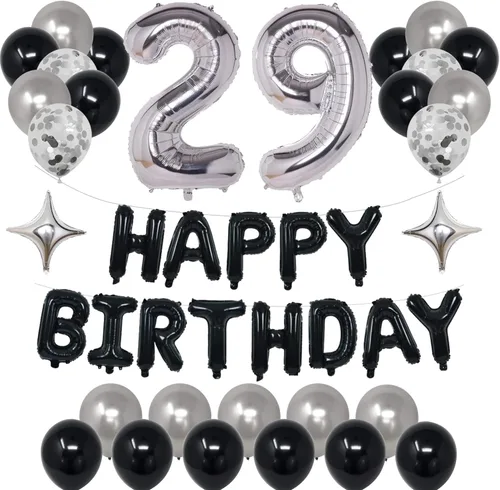 Miniatura 14 de Decoraciones de fiesta de cumpleaños color negro y plateado para niños y niñas, suministros de fiesta de cumpleaños número 14 con pancarta negra