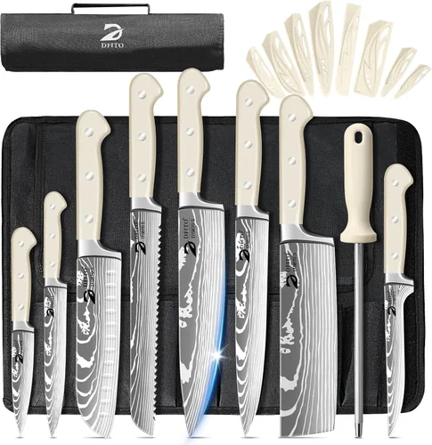 Dfito Juego de cuchillos de chef con bolsa de rollo, juego de 9 cuchillos profesionales con afilador, juego de cuchillos de cocina de acero Beige