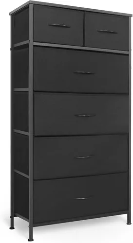 Mifuro - Cómoda alta para dormitorio, torre organizadora de almacenamiento vertical con 6 cajones, cómoda con contenedores de tela, marco de acero,