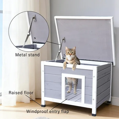 Miniatura 3 de Casa de madera maciza para gatos y perros, cabaña para mascotas al aire libre para conejos, gatitos y perros pequeños, cortina resistente al viento
