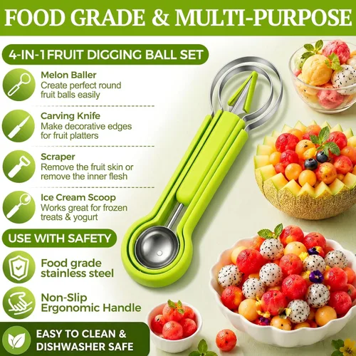 Miniatura 3 de Juego de palas de melón Suuker, 4 en 1 cortadores de frutas con formas, cuchara de sandía, cuchara de frutas y pelador de bolas, herramientas