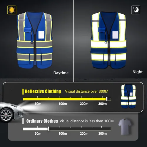 Miniatura 4 de AYKRM 11 color alta visibilidad reflectante chaleco de seguridad para mujeres hombres bolsillo cremallera ANSI/ISEA estándar Azul