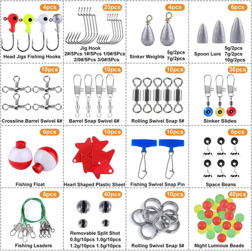 Miniatura 3 de TOPFORT Kit de 187/343 piezas de accesorios de pesca, Caja de aparejos de pesca organizada con aparejos incluidos, anzuelos de pesca, pesas de Kit