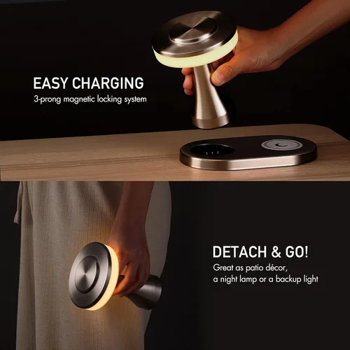 Miniatura 3 de O'Bright - Lámpara de mesa LED portátil con almohadilla de carga inalámbrica, lámpara de noche regulable y recargable, luz ambiental para plateado