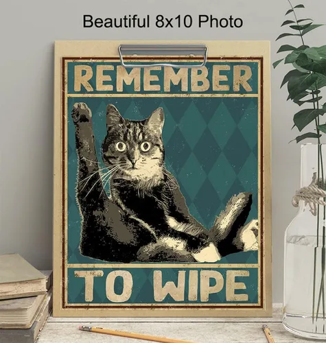 Miniatura 4 de Divertida decoración de baño de gato, póster con texto en inglés "Remember to Wipe Cat", decoración de pared de baño, decoración de pared de baño