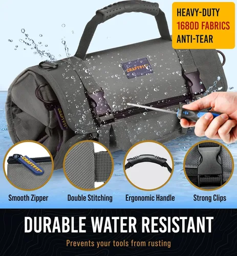 Miniatura 2 de CRAFT911 Organizadores de bolsas de herramientas duraderas con 6 bolsas de herramientas desmontables, tamaño pequeño, organizador enrollable de Gris
