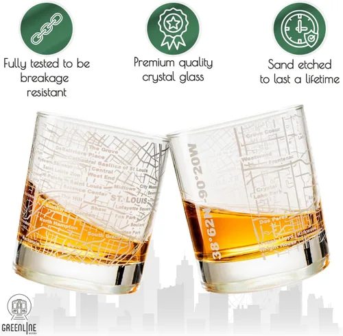 Miniatura 3 de Greenline Goods Vasos de whisky – Juego de vasos de 10 onzas para los amantes de San Luis, grabado con mapa de la ciudad de San Luis Old Fashioned