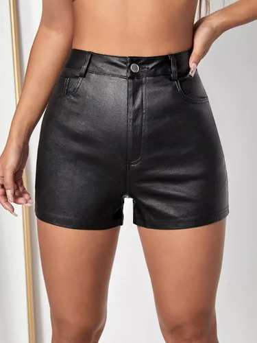 Miniatura 4 de MakeMeChic Pantalones cortos de mezclilla ajustados elásticos con aspecto de cuero de cintura alta para mujer