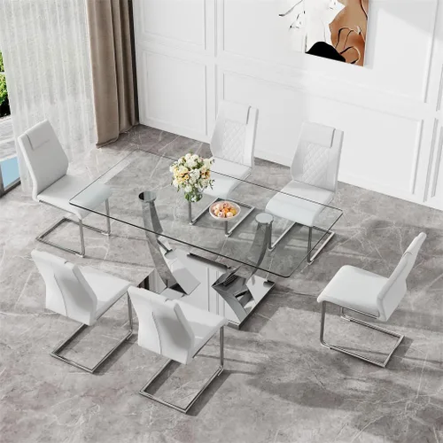 Miniatura 18 de Mesa de comedor moderna para mesa de comedor de mármol sintético de 4/6, 63 pulgadas, mesa de cocina rectangular, mesa de cocina y comedor de fácil
