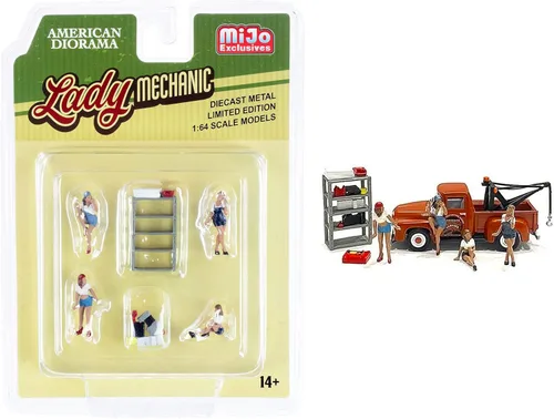 Lady Mechanic - Juego de 6 piezas fundidas a presión (4 figuras y 2 accesorios) para modelos a escala 1/64 por American Diorama 76484