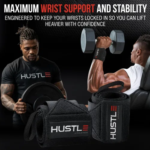 Miniatura 6 de Hustle Athletics Muñequeras para levantamiento de pesas, correas de soporte de muñeca de 12 pulgadas aprobadas por la USPA para prensa de banco