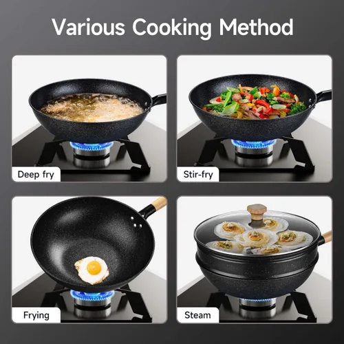Miniatura 6 de Wok antiadherente con cesta para cocinar al vapor, sartenes para freír de 12 pulgadas con tapa, sartenes de fondo plano multifuncionales Utensilios