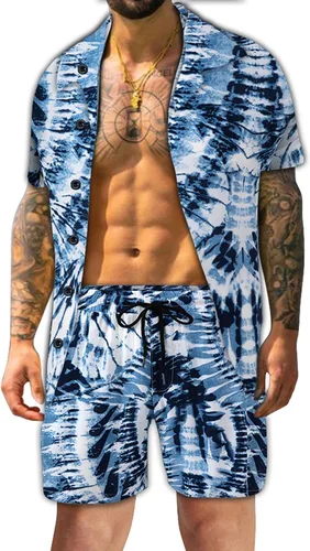 Atwfo Camisas hawaianas casuales con botones y manga corta para hombre, pantalones cortos estampados de verano, playa, tropicales, hawaianos, trajes