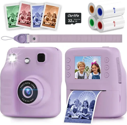 Miniatura 8 de Cámara a color para niños, impresión instantánea, cámara instantánea con papel fotográfico de 4 colores, video HD de 1080P y cámaras digitales