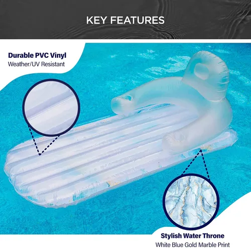 Miniatura 8 de Galvanox - Flotador de piscina para adultos, sillón reclinable inflable para nadar/broncearse, mármol azul
