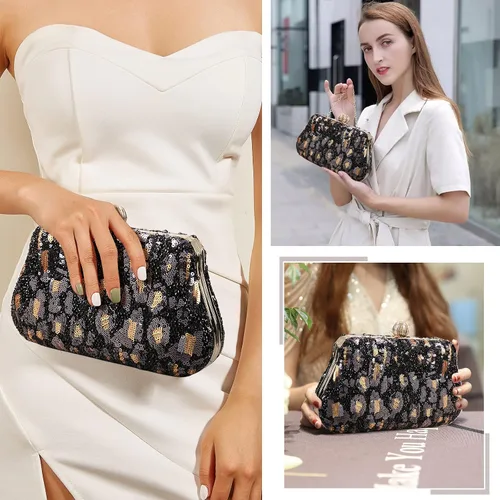 Miniatura 7 de Bolso de noche de lentejuelas brillantes para mujer, bolso de hombro con estampado de leopardo, bolso de fiesta de graduación