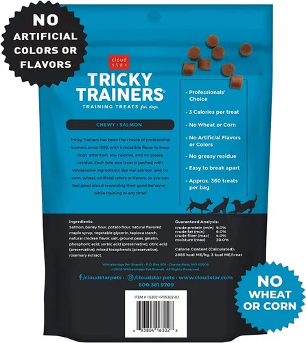 Miniatura 3 de Cloud Star Tricky Trainers - Golosinas de entrenamiento suaves y masticables para perro, bajas en calorías. Salmón de 14 onzas, con 10 toallitas