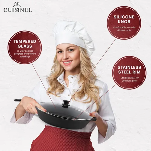 Miniatura 5 de Cuisinel Sartén de hierro fundido de 15" + tapa de vidrio + raspador de sartén negro + cubierta de agarre de mango de silicona - Utensilios