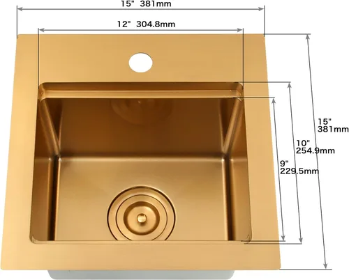 Miniatura 3 de Fregadero de barra de montaje inferior, fregadero de barra dorada de 15 pulgadas, fregadero de cocina de 15 x 15 x 9 pulgadas, fregadero de cocina