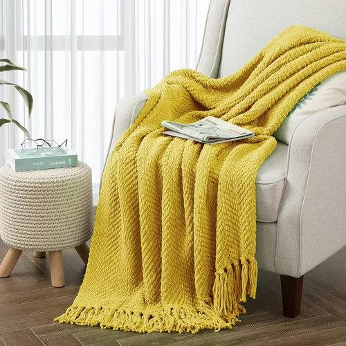 Miniatura 26 de Manta de tweed con borlas de flecos para sofá, decoración del hogar, cama, sofá, silla, 50 x 60 pulgadas, naranja óxido