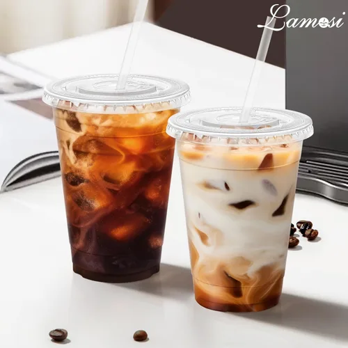 Miniatura 5 de Lamosi Paquete de 100 vasos de plástico transparente de 16 onzas con tapas y pajitas, tazas de café de plástico desechables con tapas para café