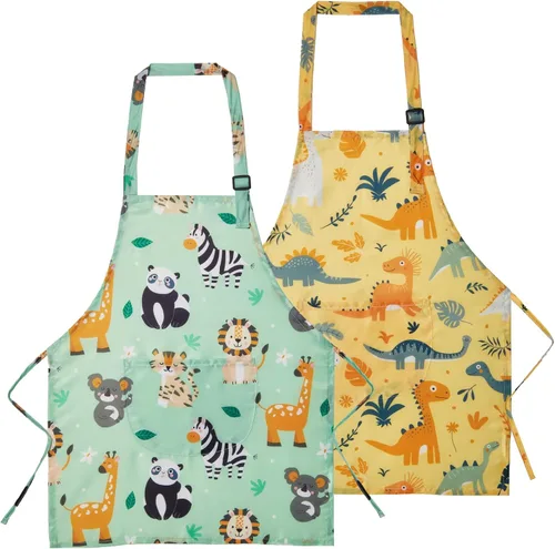Lictin Paquete de 2 delantales para niños y niñas para cocinar, delantal de arte impermeable con bolsillos para niños, pintar, cocinar, hornear