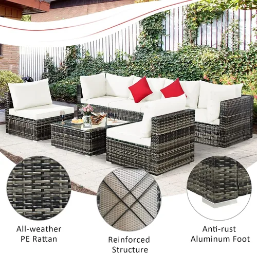 Miniatura 7 de Tangkula Patiojoy - Juego de muebles de ratán de 7 piezas, juego de conversación al aire libre con cojines y mesa de centro de vidrio templado