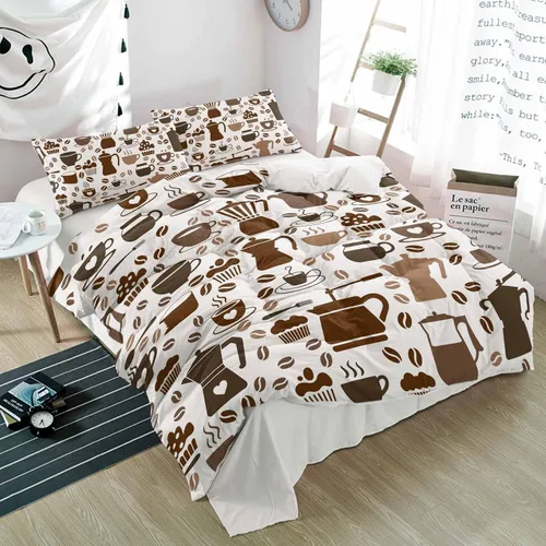 Miniatura 5 de Duvet Cover Set Twin, Coffee Maker Beans Cups Cake 3 Piece Bedding Set Breathable Quilt Cover Set, Coffee Time Soft Microfiber Bed Set with Pillow