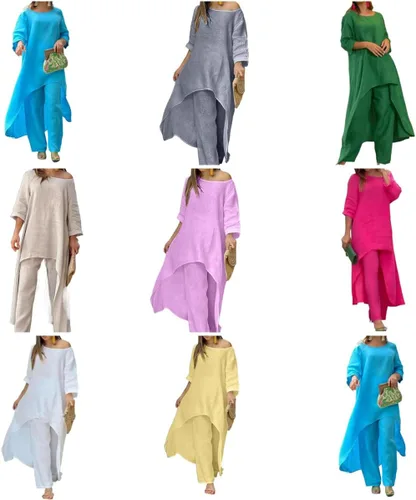 Miniatura 3 de ZOCANIA Conjunto de dos piezas para mujer, de manga larga, sin botones, de lino, irregular, para otoño, casual, cuello redondo