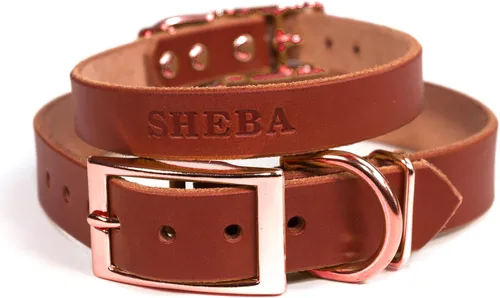 Miniatura 17 de Collar de cuero personalizado hecho a mano para perro con bridón grabado con el nombre de la mascota, herrajes en tono cobre/oro rosa (negro)