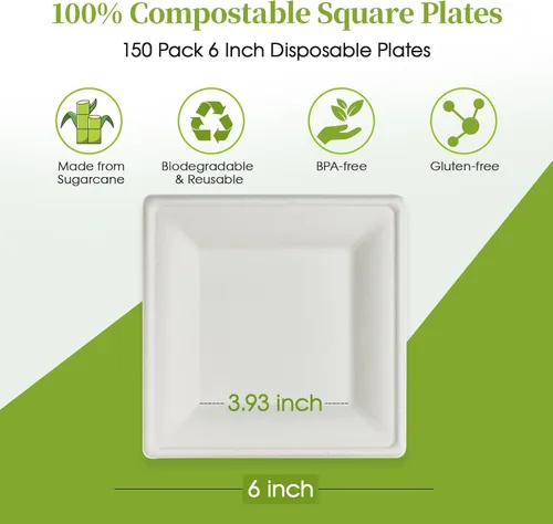 Miniatura 2 de ECOLipak 150 Piezas Platos Cuadrados Compostables, Platos de Papel Desechables de Caña de Azúcar Biodegradables Ecológicos de Alta Resistencia de 6