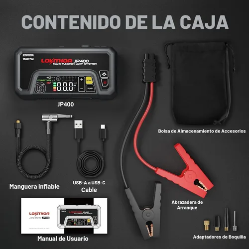 Miniatura 9 de LOKITHOR Arrancador JP400 con compresor de aire, 2500 A 12 V batería de coche arrancador portátil (8.5 L de gas/6.5L diésel) con tecnología
