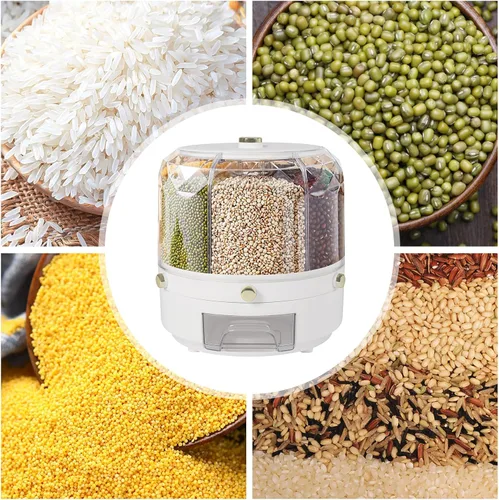 Miniatura 5 de Dispensador de arroz, 6 rejillas, recipientes de almacenamiento de alimentos secos, dispensador de cereales giratorio de 360° para organización de 6