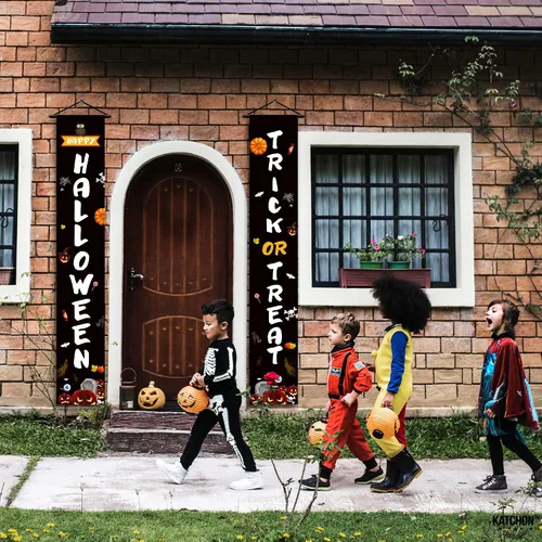 Miniatura 6 de KatchOn, Cartel de Feliz Halloween de Trick or Treat – Grande, 72 x 12 pulgadas Cartel negro para puerta de Halloween para decoraciones